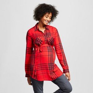 Liz Lange Maternity Long Sleeve Plaid Shirt w/ Tie Waist Red/Black Small